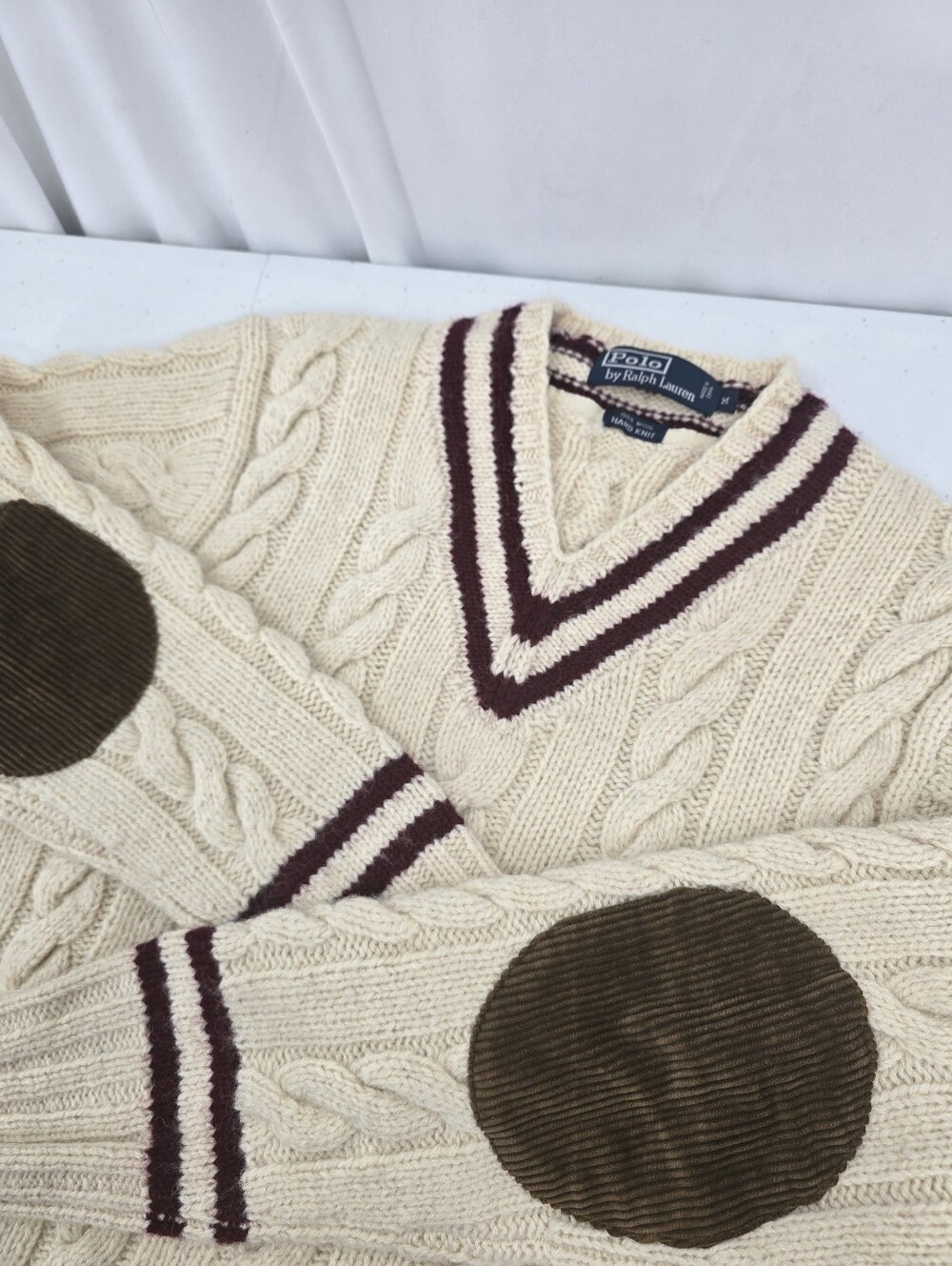 VTG Polo Ralph Lauren Hand Knit Wool Cable Knit Sweater Corduroy Elbow Med Slim.